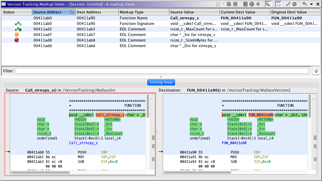 Version Tracking Markup Items Table