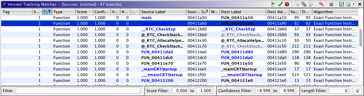 Version Tracking Matches Table