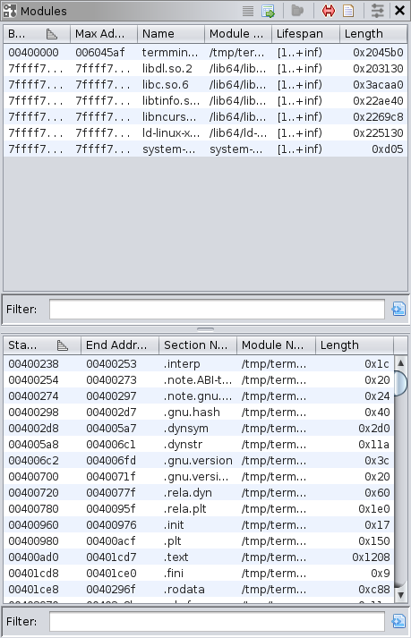Modules window after launch
