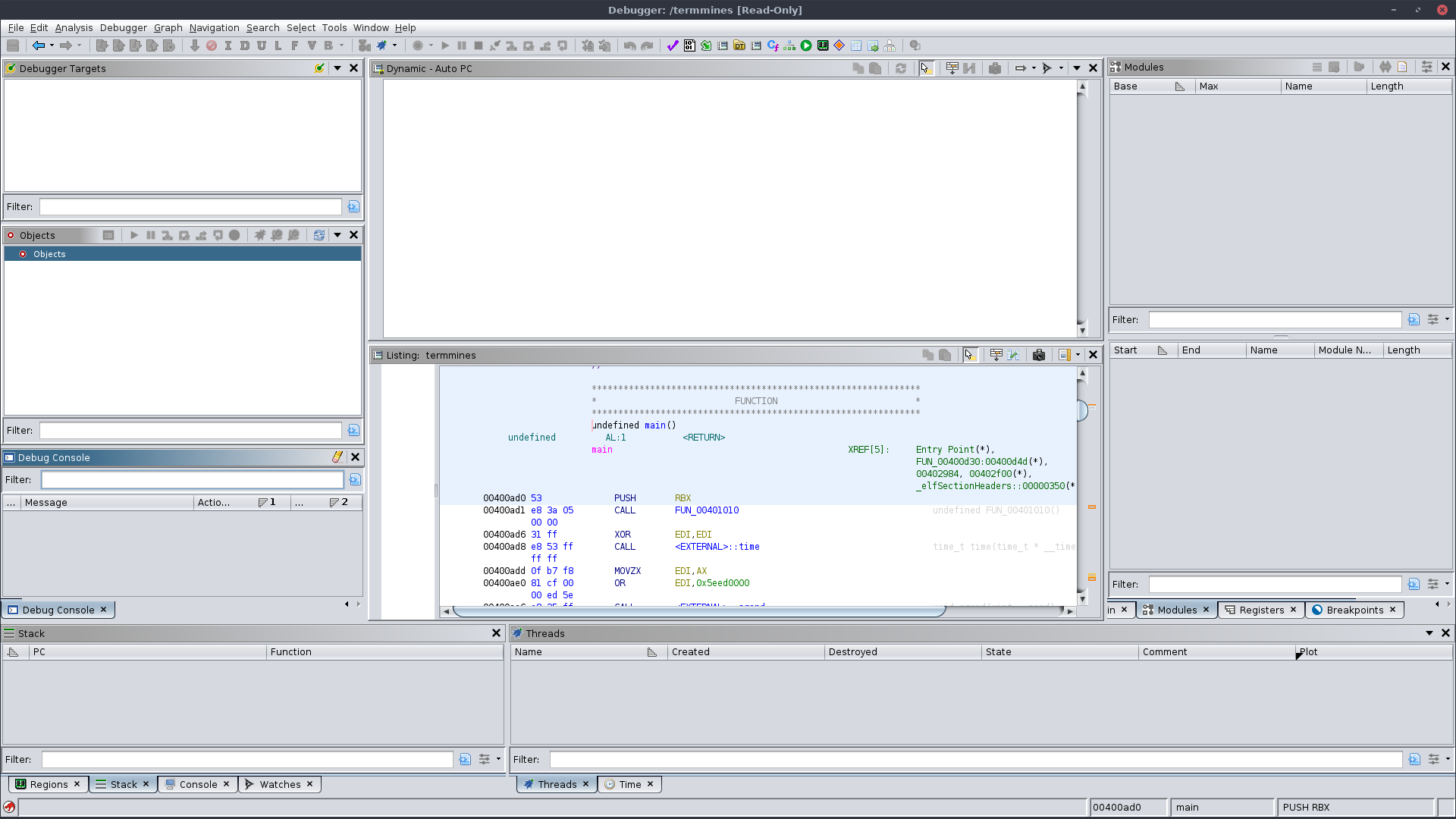 Debugger tool with termmines open