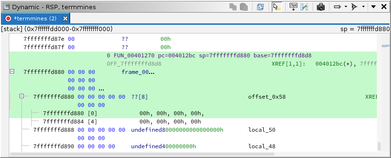 The dynamic listing of the stack after a call to rand